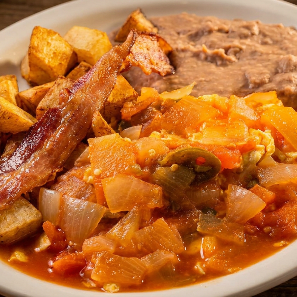 Breakfast plate with scrambled eggs, sautéed tomatoes and peppers, roasted potatoes, bacon, and refried beans on a wooden table.