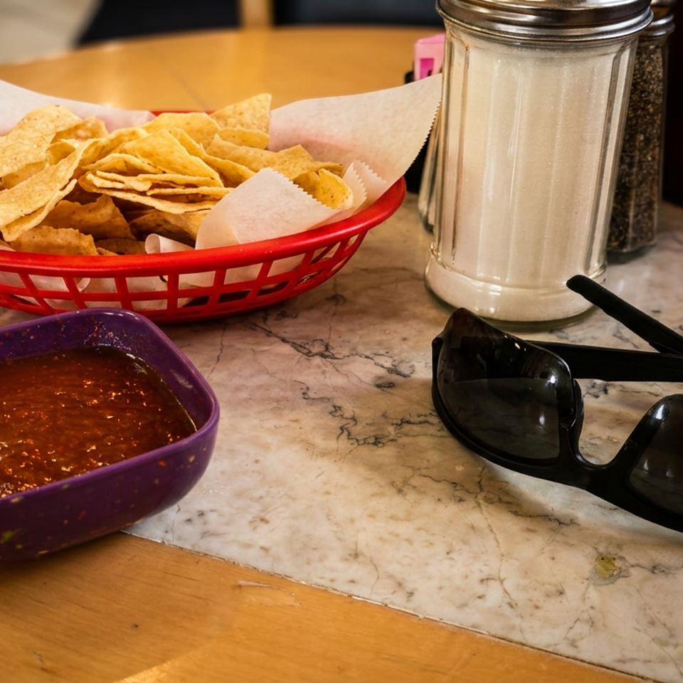 Basket of tortilla chips with salsa, salt and pepper shakers, and sunglasses on a restaurant table.