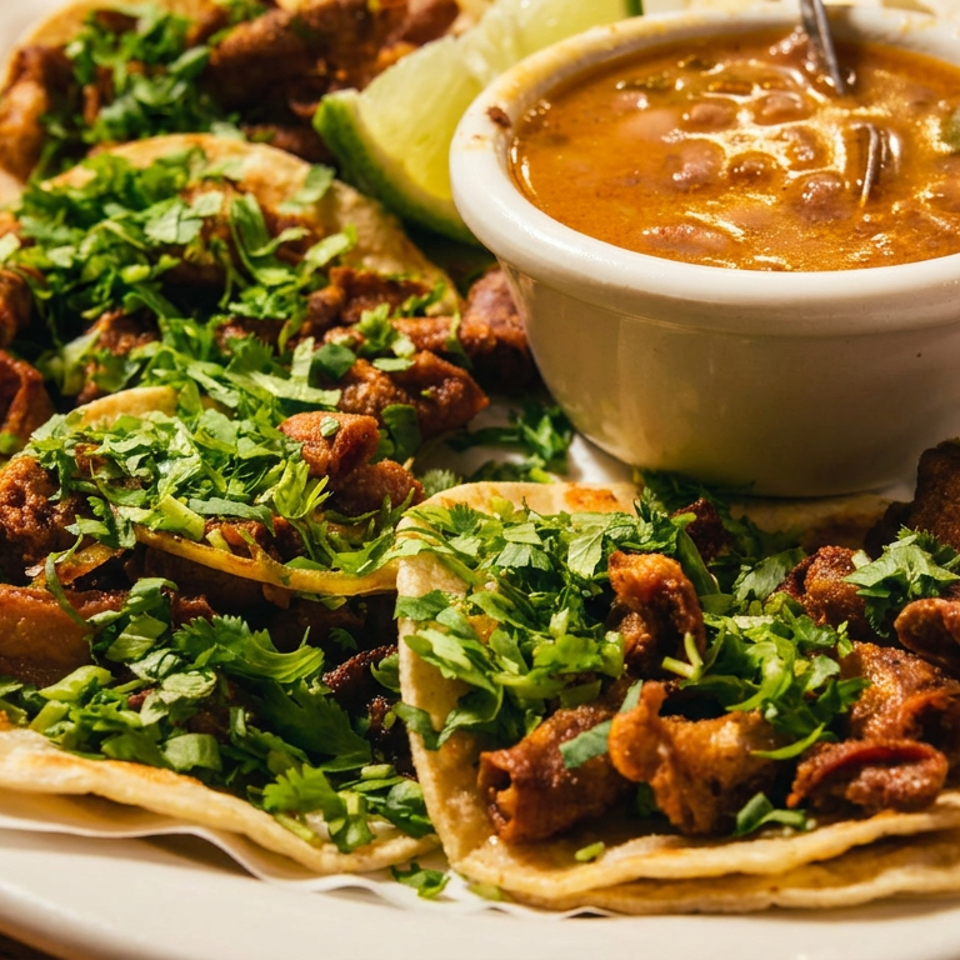 Three tacos topped with grilled meat and cilantro, served with lime wedges and a bowl of reddish salsa on a white plate.