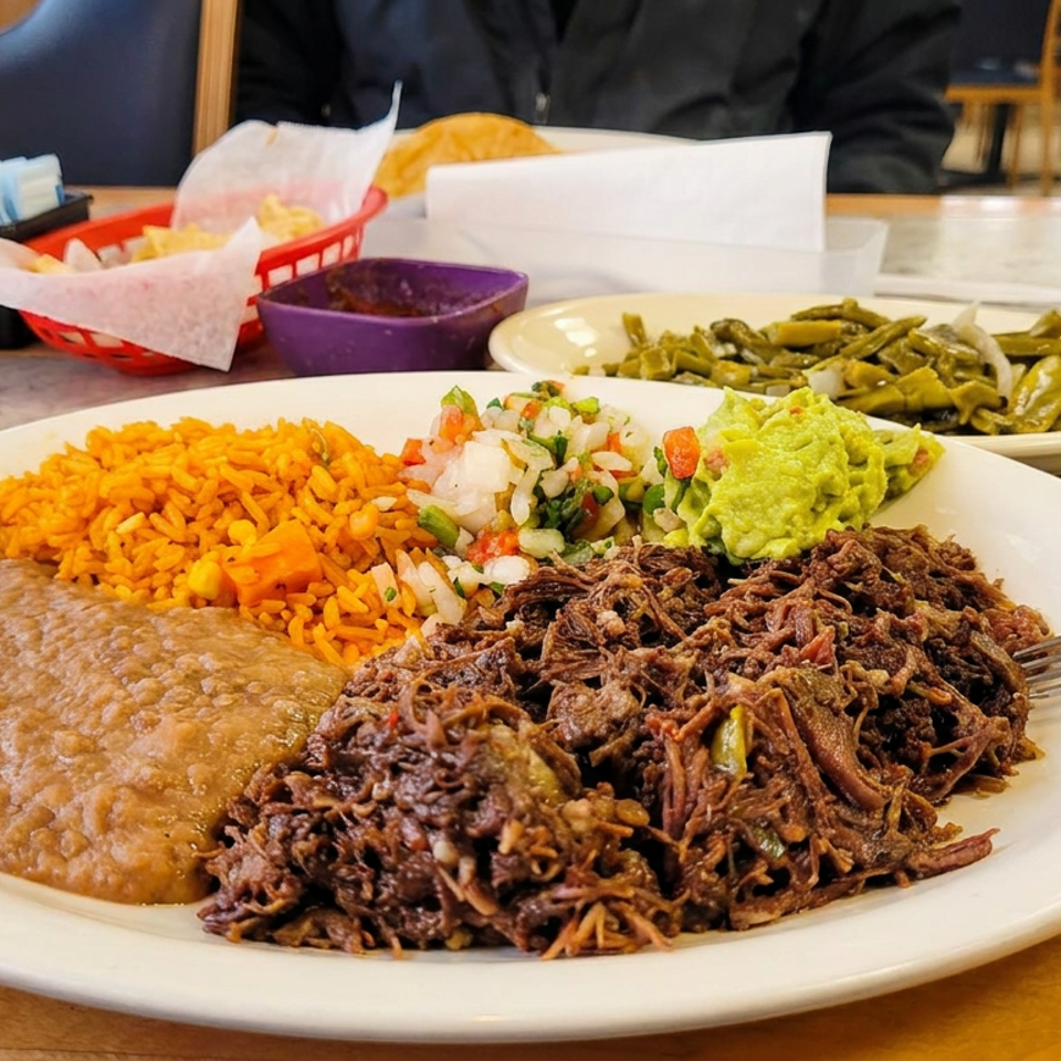 Mexican restaurant platter with shredded beef, refried beans, rice, pico de gallo, guacamole, and green beans.