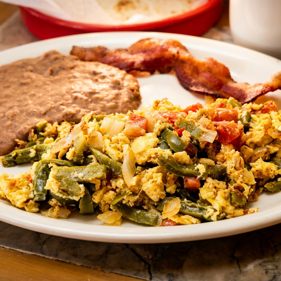 Plate of scrambled eggs with peppers and onions, refried beans, and bacon on a restaurant table.