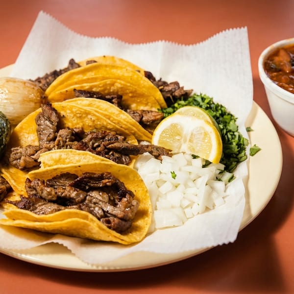 Plate of beef tacos with grilled peppers, onions, cilantro, lemon, and a bowl of bean soup.