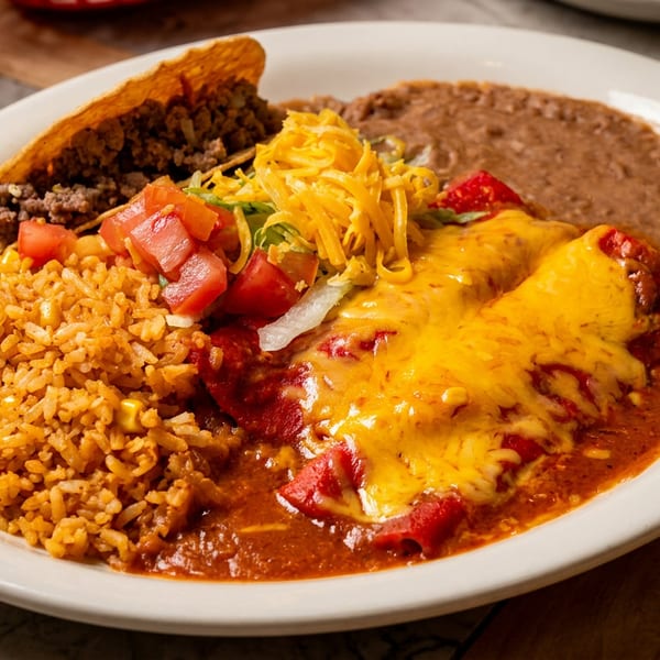 Mexican combination plate with beef taco, enchiladas covered in melted cheese, seasoned rice, refried beans, tomatoes, and lettuce.