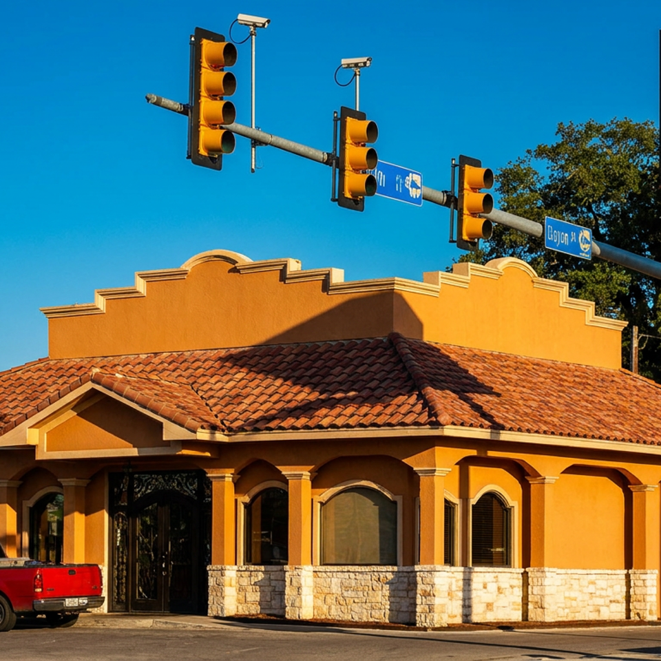 Taco Vallarta Mexican restaurant with terracotta tile roof and colorful roadside signage at a sunny intersection.