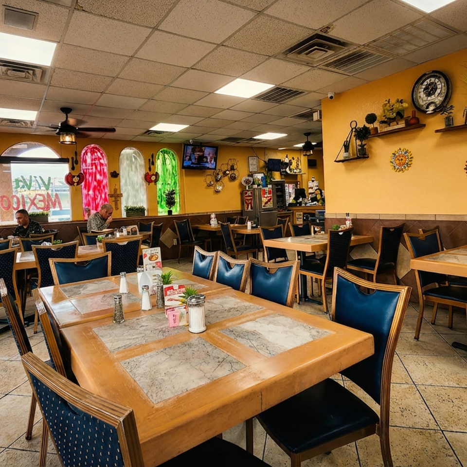 Warmly decorated Mexican restaurant dining room with blue chairs, tiled tables, colorful window panels, and several diners.