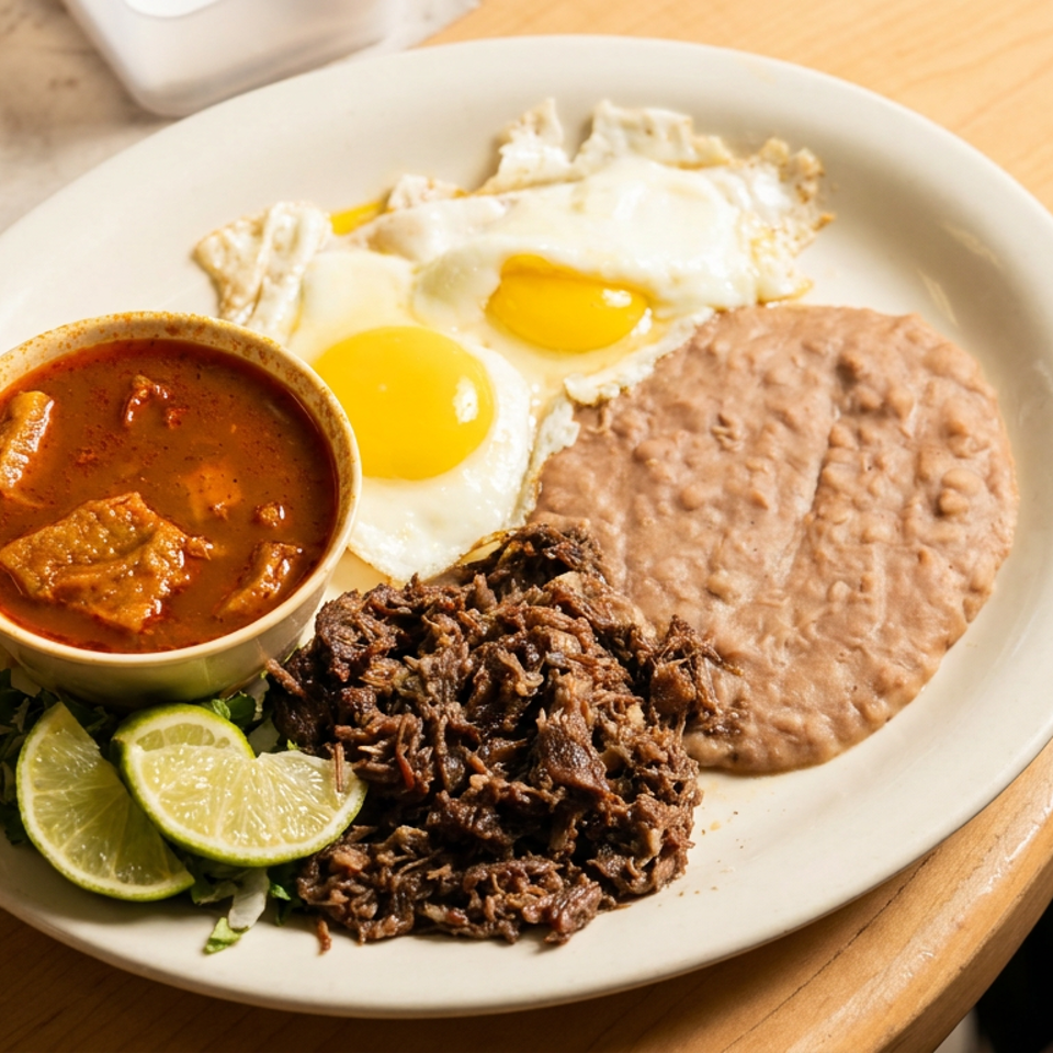 Mexican-style breakfast plate with eggs, refried beans, shredded meat, red salsa, and lime wedges on a wooden table.