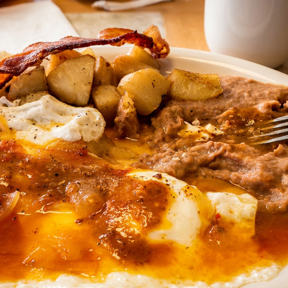 Hearty breakfast plate with fried eggs in red sauce, refried beans, roasted potatoes, bacon, and tortillas.