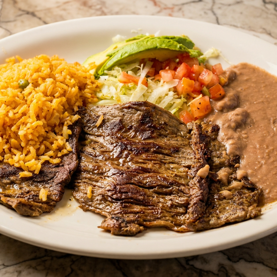 Grilled steak served with Mexican rice, refried beans, avocado, lettuce, and diced tomatoes on a white plate.
