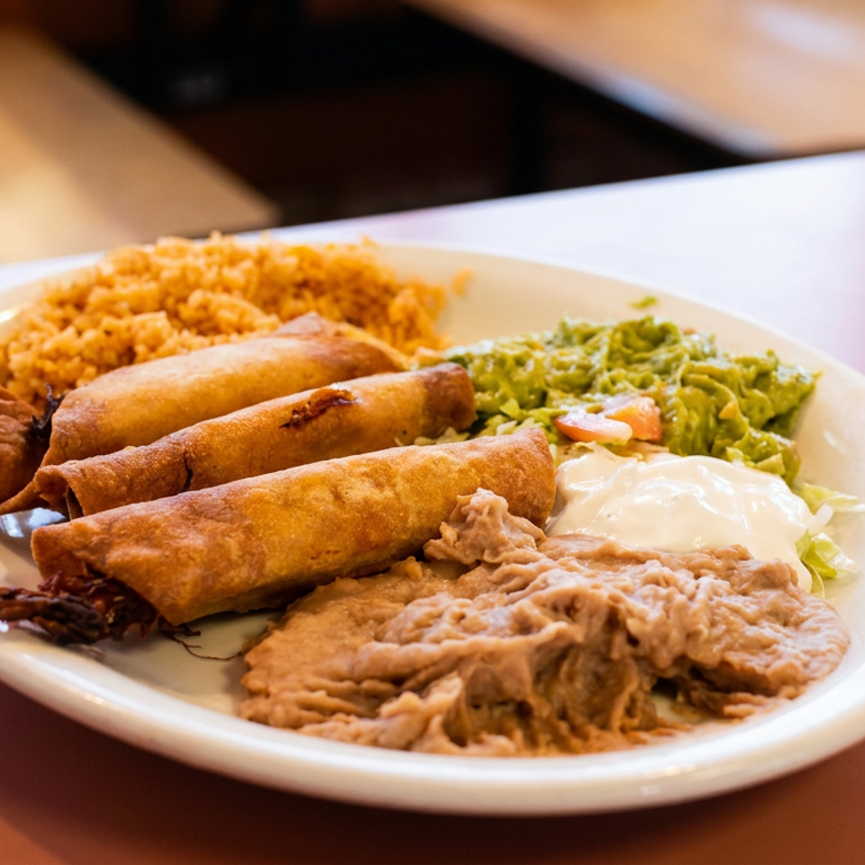 Plate of Mexican food featuring crispy taquitos, refried beans, rice, guacamole, sour cream, and lettuce.
