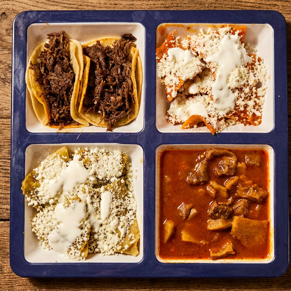 Overhead view of a sampler tray featuring beef tacos, cheese-covered enchiladas, nachos, and meat stew on a wooden table.