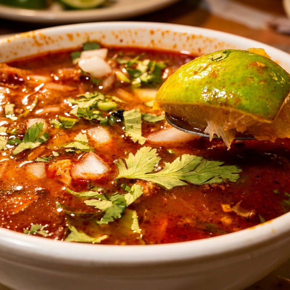 Bowl of spicy red soup garnished with cilantro and onions, with a lime wedge held above it on a spoon.