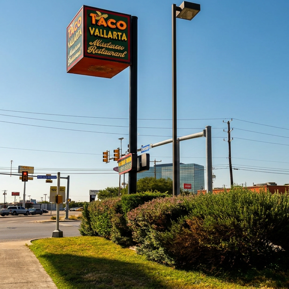 Taco Vallarta Mexican restaurant sign overlooking a sunny urban intersection with traffic lights, cars, shrubs, and clear blue sky.