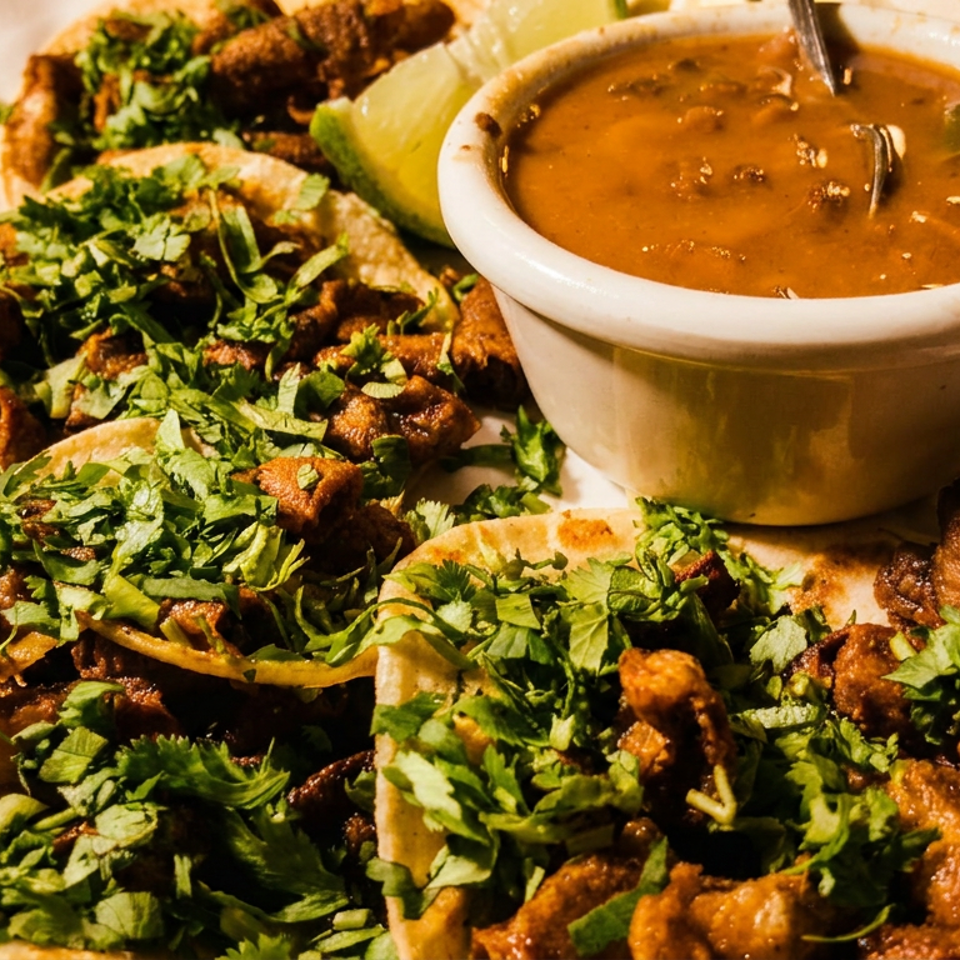 Three meat tacos topped with cilantro, served alongside a bowl of beans and lime wedges on a white plate.