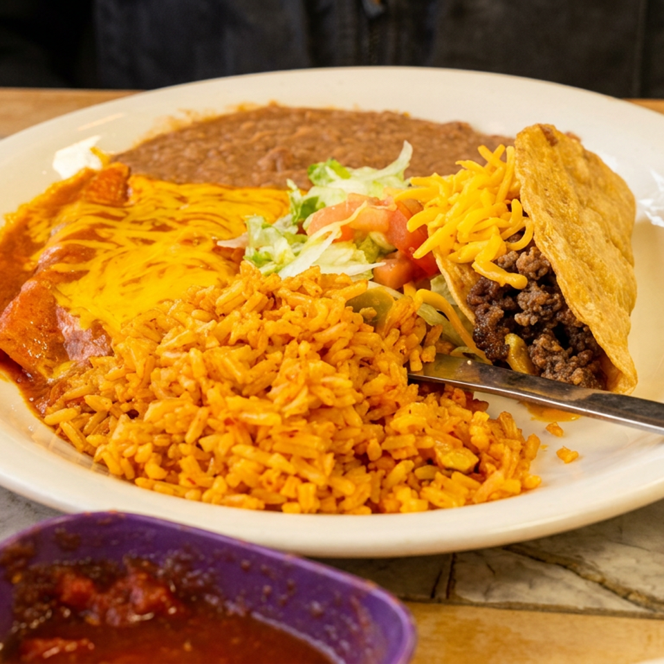 Mexican combination plate with seasoned rice, refried beans, cheese-covered enchilada, salad, and a beef taco on a white plate.