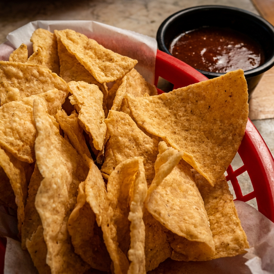 Basket of golden tortilla chips with a bowl of red salsa on a rustic wooden restaurant table.