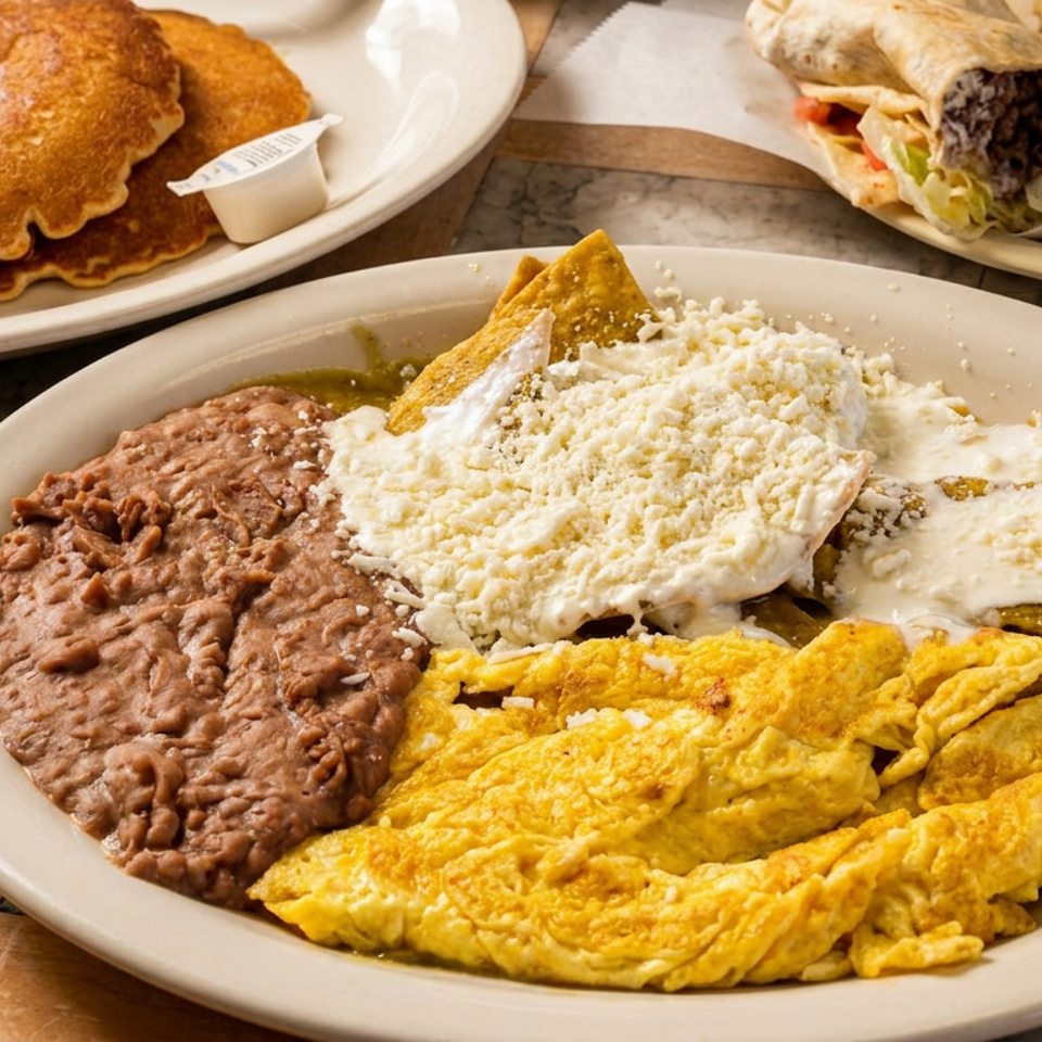 Mexican breakfast platter with scrambled eggs, refried beans, creamy enchiladas, pancakes, and burritos on a restaurant table.