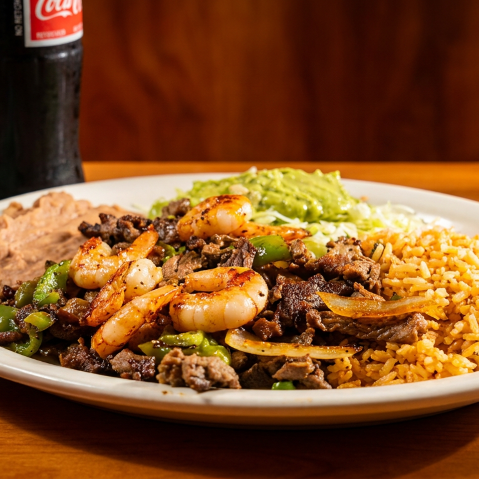 Mexican mixed grill plate with shrimp, steak, peppers, refried beans, guacamole, and Spanish rice beside tortilla chips and cola.