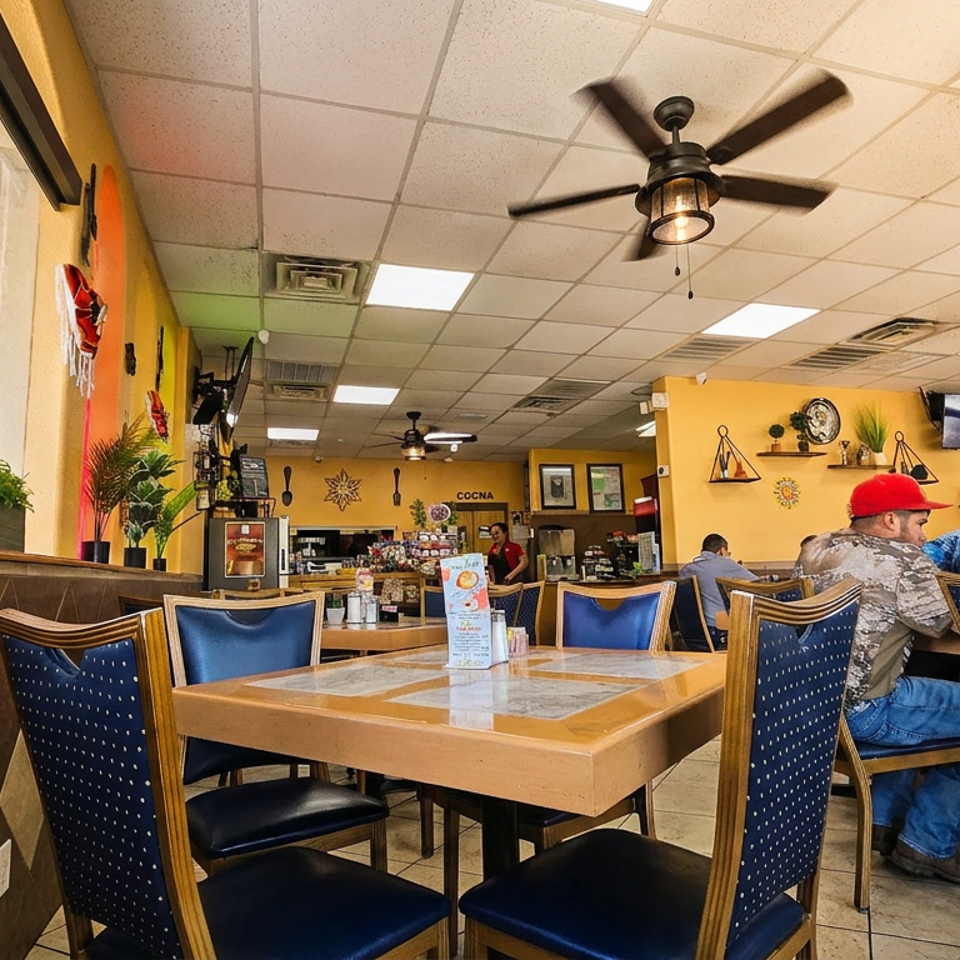 Bright Mexican restaurant dining room with blue chairs, wood tables, colorful decor, ceiling fans, and several diners.