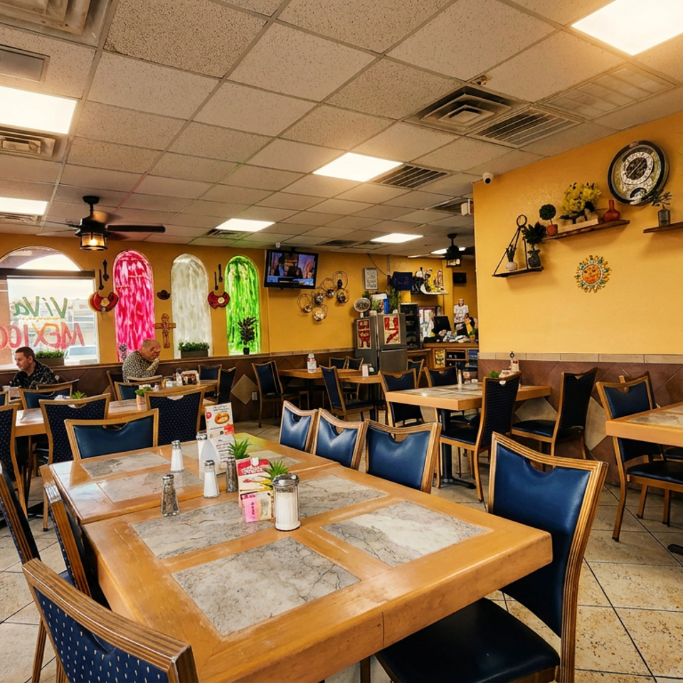 Warmly lit restaurant dining room with blue chairs, wooden tables, colorful wall decorations, and several seated diners.